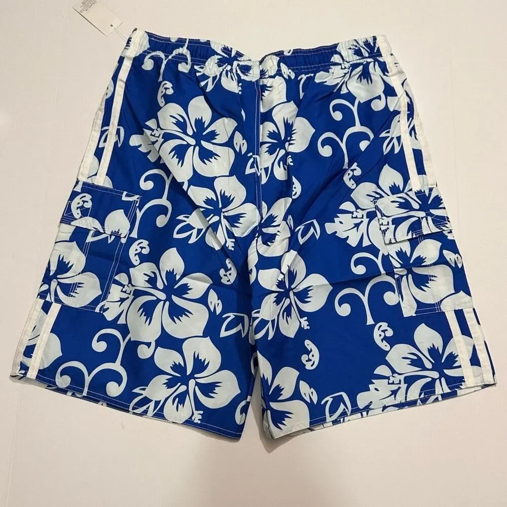 Chalaco Hibiscus Floral Swim Trunks Blue and White | Men Size Large